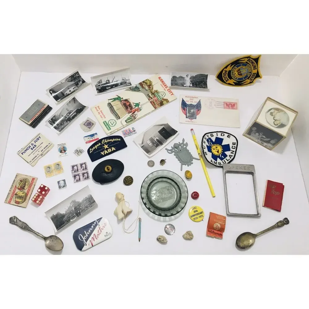 JUNK DRAWER LOT MAP OLD PHOTOS PINS PATCHES BUTTONS STAMPS SPOONS COIN CIVIL WAR